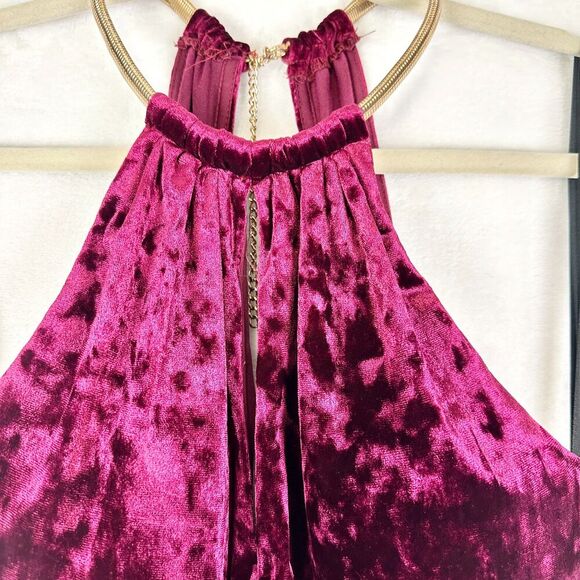 B Darlin Vingate Y2K Velvet Maxi Dress Size 1/2 Burgundy Open Back Thigh Slit - Picture 5 of 8